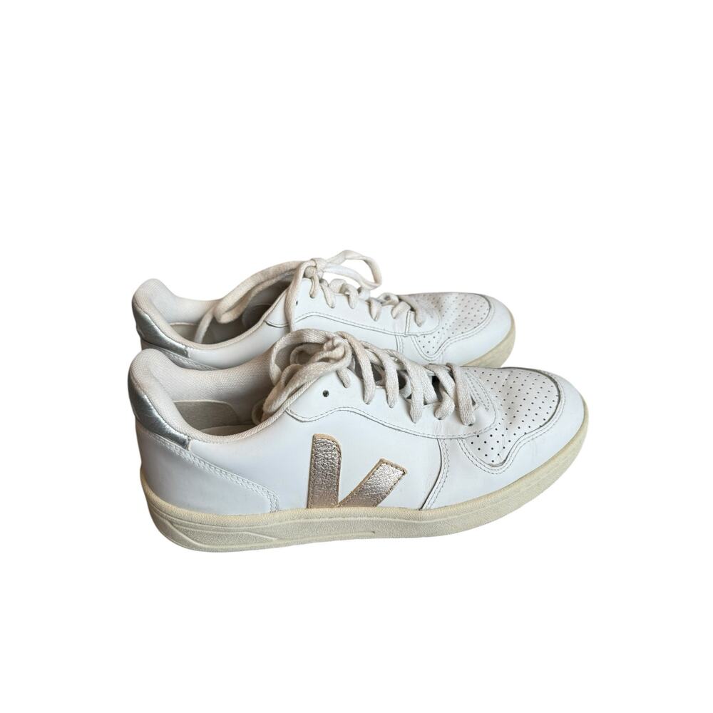 VEJA V-10 White Leather Sneakers Gold V Logo Silver Heel EUR 40 US 9